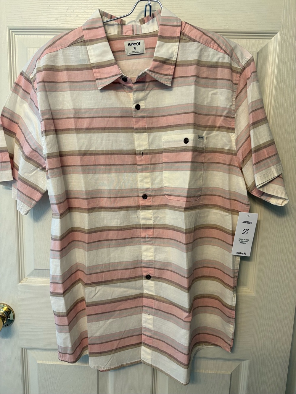 Hurley Pink, White & Tan Striped Short Sleeve Button-Down Shirt